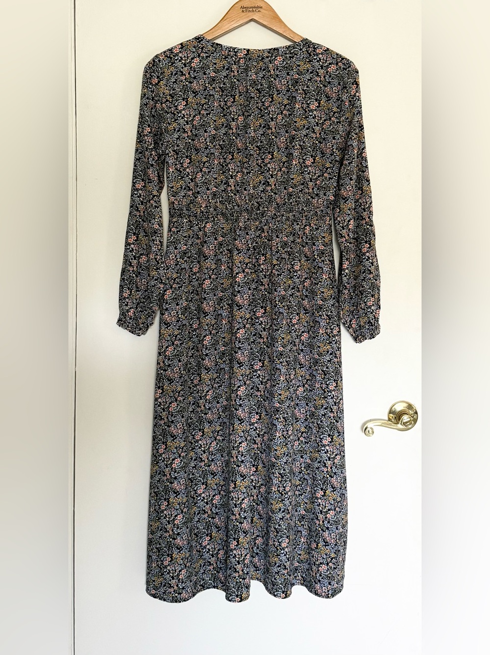 LOFT Navy Blue Floral Long-Sleeve Button Down Midi Dress - Picture 8 of 16